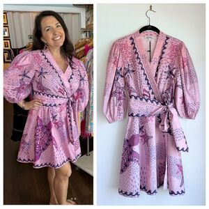 NWT Celina Moon Carly Long Sleeve Wrap Mini Dress in Pink & Purple Sea Life Sz S